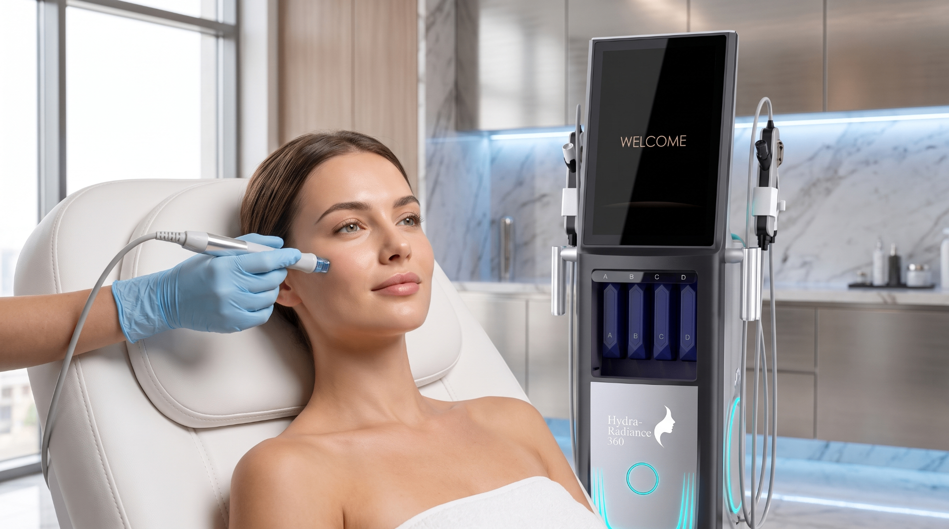 Client receiving Hydra-Radiance 360 treatment in a modern clinic